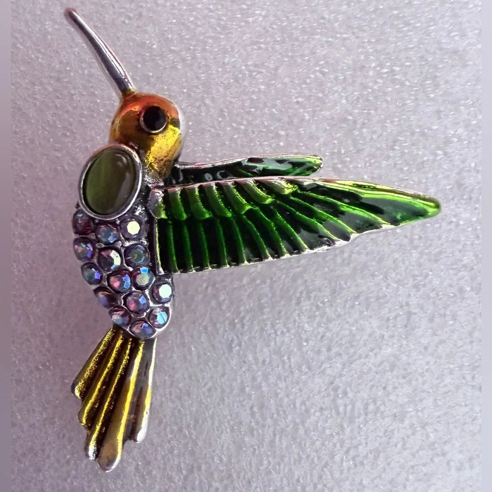 Decorative Green Hummingbird Bird Pendant - Enamel & Crystal Accent